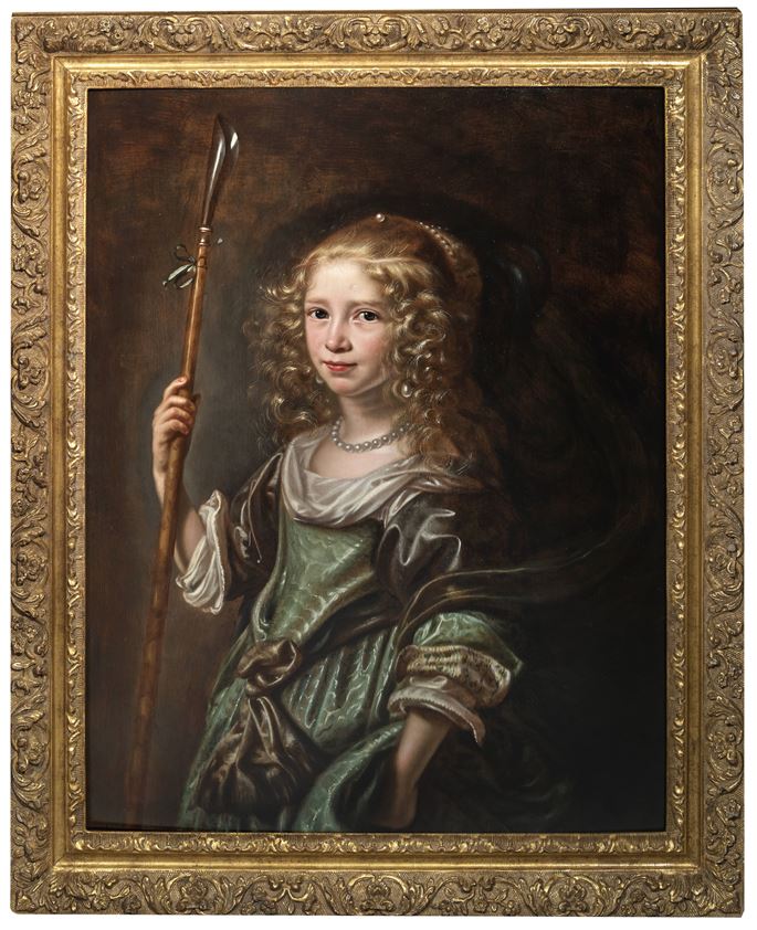 Abraham de Vries - Portrait of a young girl as a shepherdess, half-length, in a green gown, holding a crook.  | MasterArt